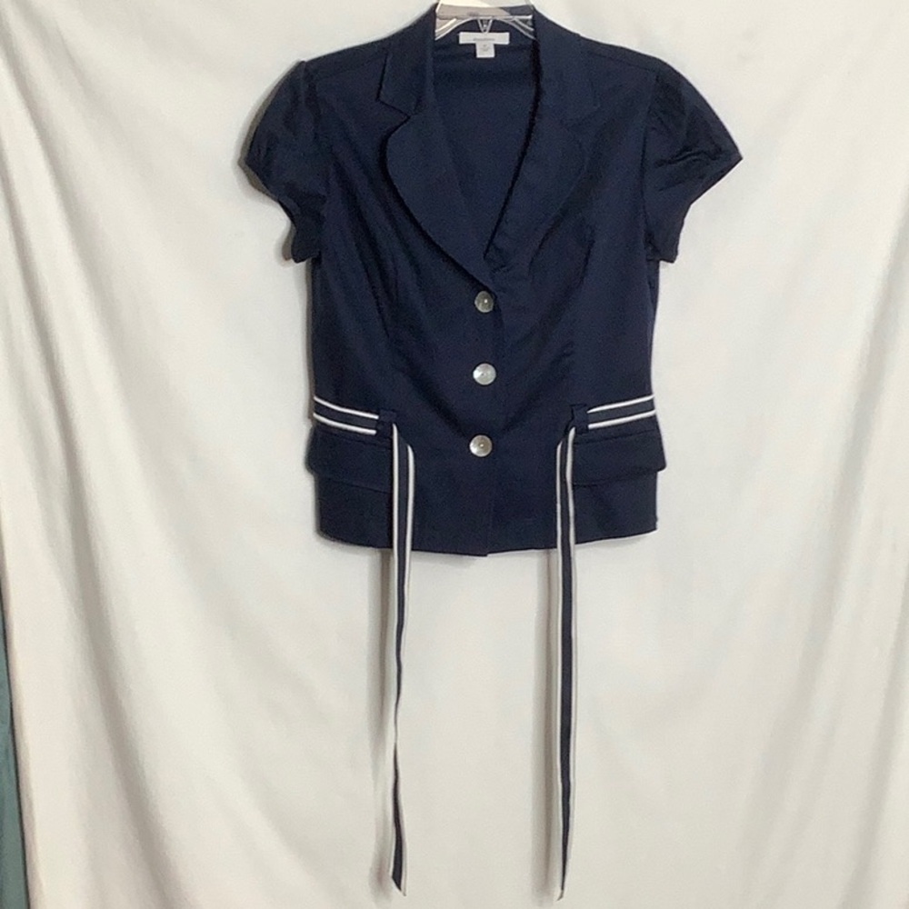Dressbarn Navy Short Sleeve Blazer Top with Striped Belt Size 14 Career Office - Picture 10 of 16